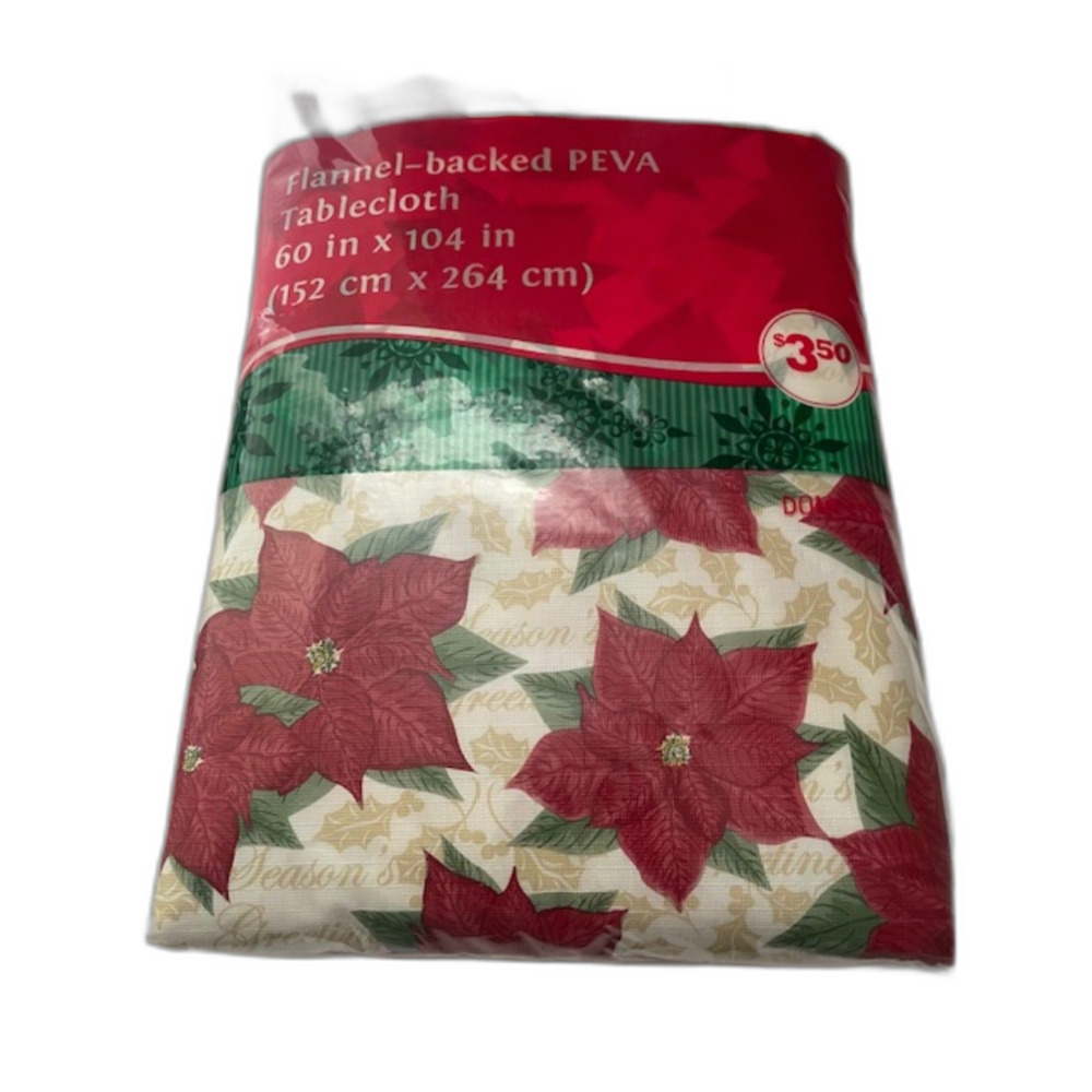 Christmas Flannel Backed Poinsettia Table Cloth Rectangle 60” X 104" New